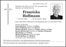 Traueranzeige Franziska Hoffmann