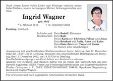 Traueranzeige Ingrid Wagner