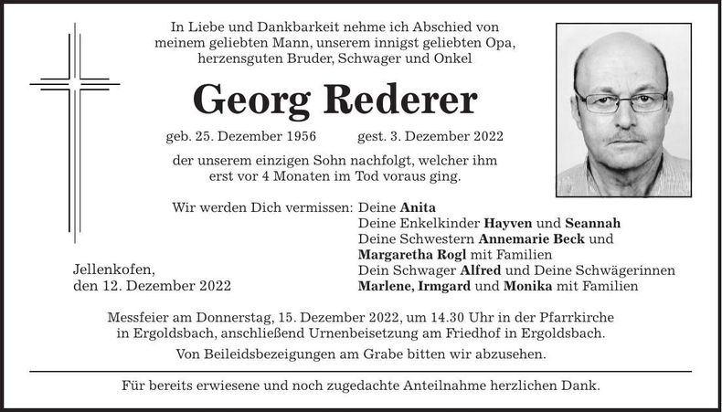 Traueranzeige Georg Rederer