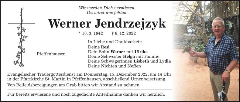 Traueranzeige Werner Jendrzejzyk