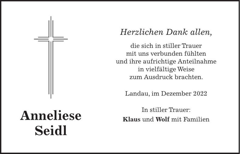 Traueranzeige Anneliese Seidl