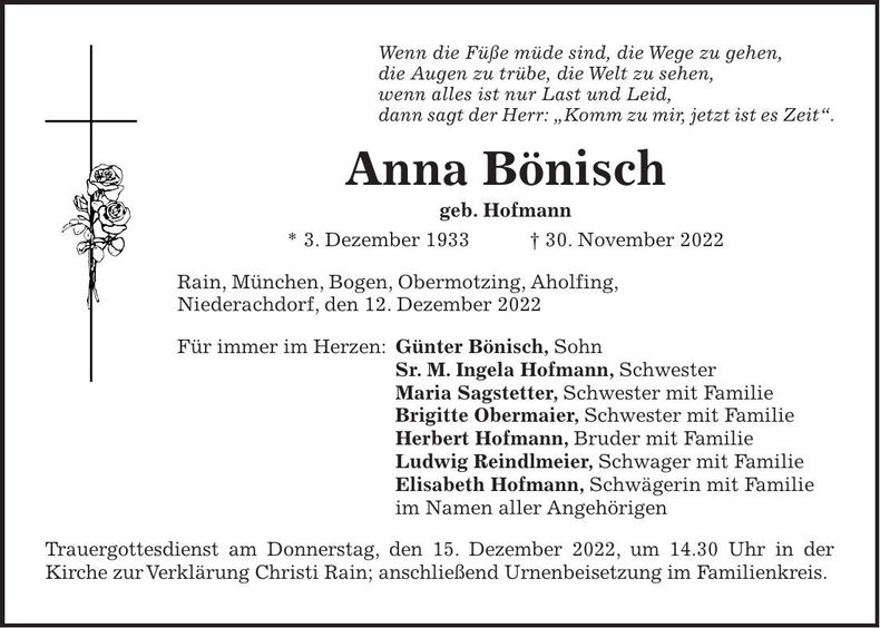 Traueranzeige Anna Bönisch
