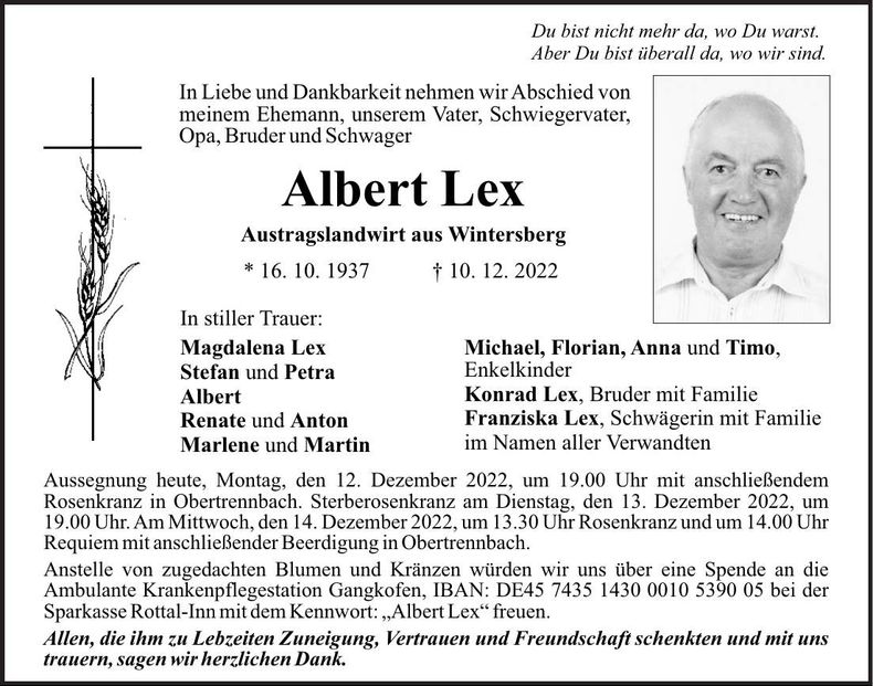 Traueranzeige Albert Lex
