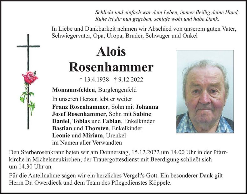 Traueranzeige Alois Rosenhammer