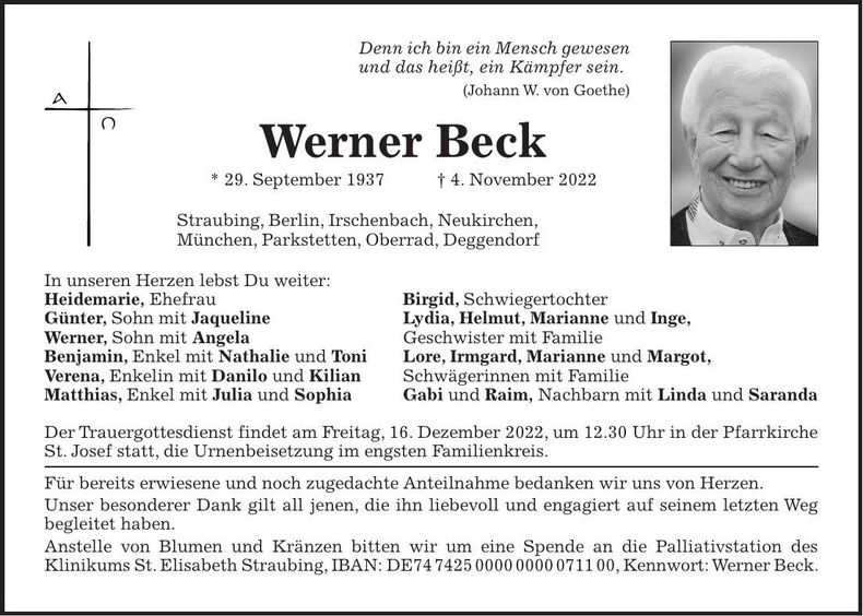 Traueranzeige Werner Beck