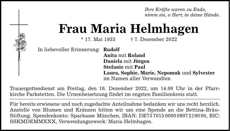 Traueranzeige Maria Helmhagen