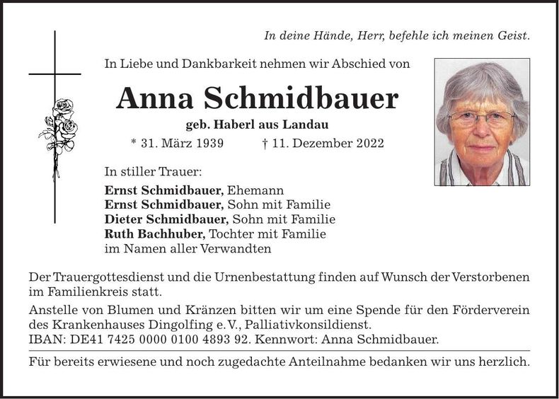 Traueranzeige Anna Schmidbauer