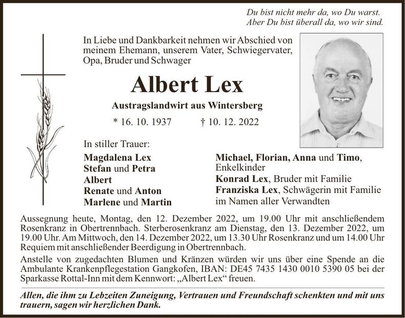 Traueranzeige Albert Lex
