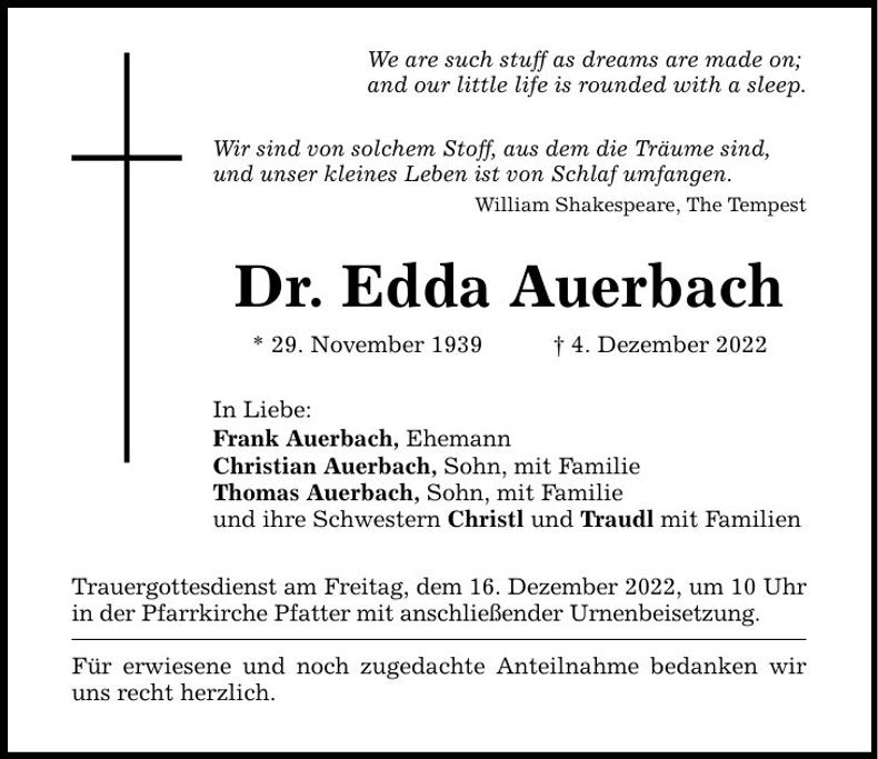 Traueranzeige Dr. Edda Auerbach