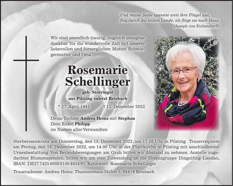 Traueranzeige Rosemarie Schellinger