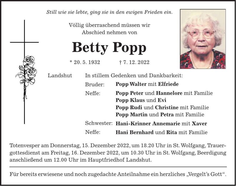 Traueranzeige Betty Popp