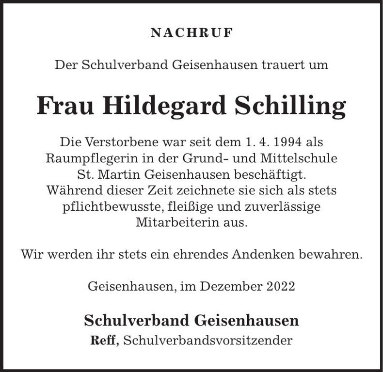 Traueranzeige Hildegard Schilling
