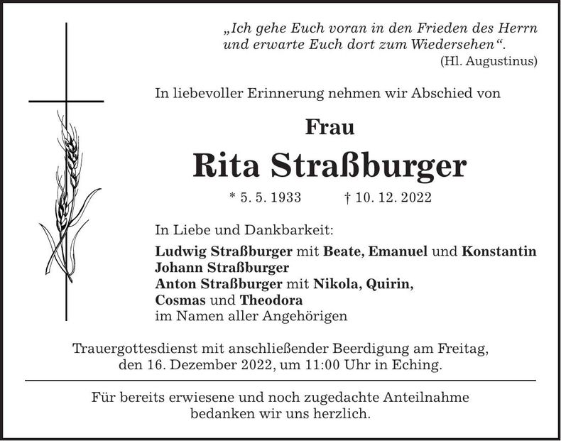 Traueranzeige Rita Straßburger