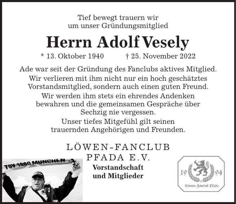 Traueranzeige Adolf Vesely