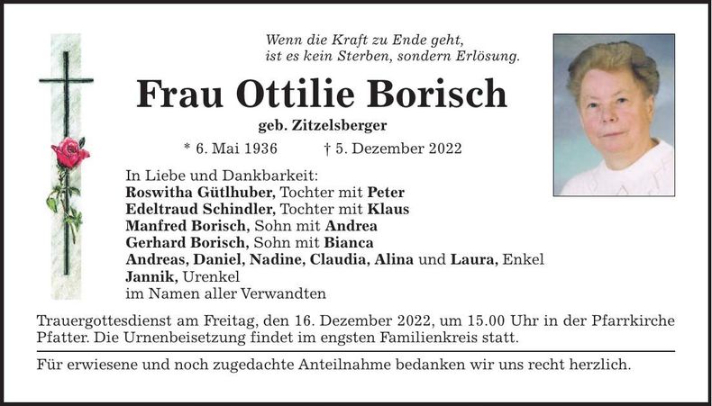 Traueranzeige Ottilie Borisch