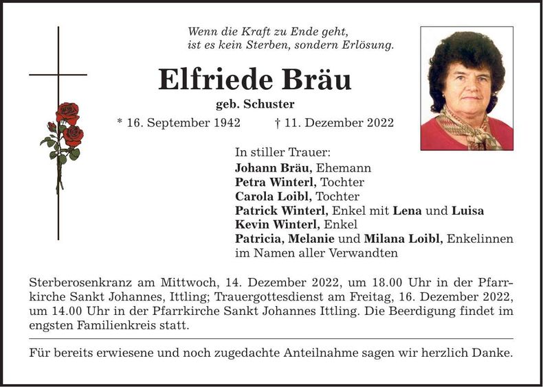 Traueranzeige Elfriede Bräu