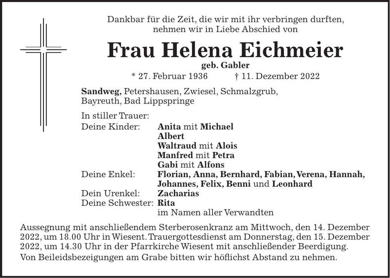 Traueranzeige Helena Eichmeier