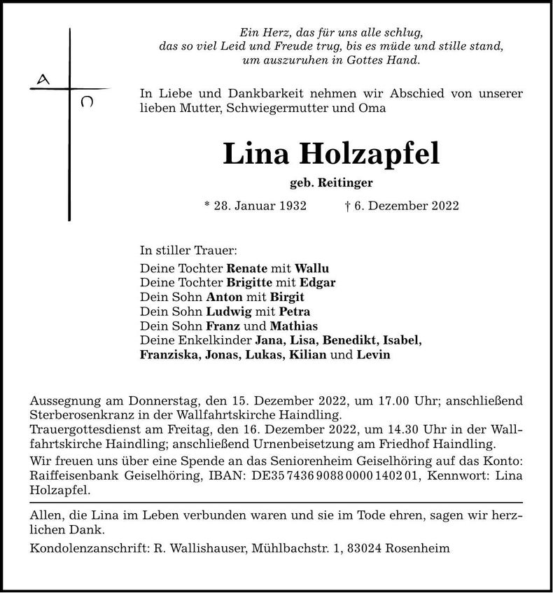 Traueranzeige Lina Holzapfel