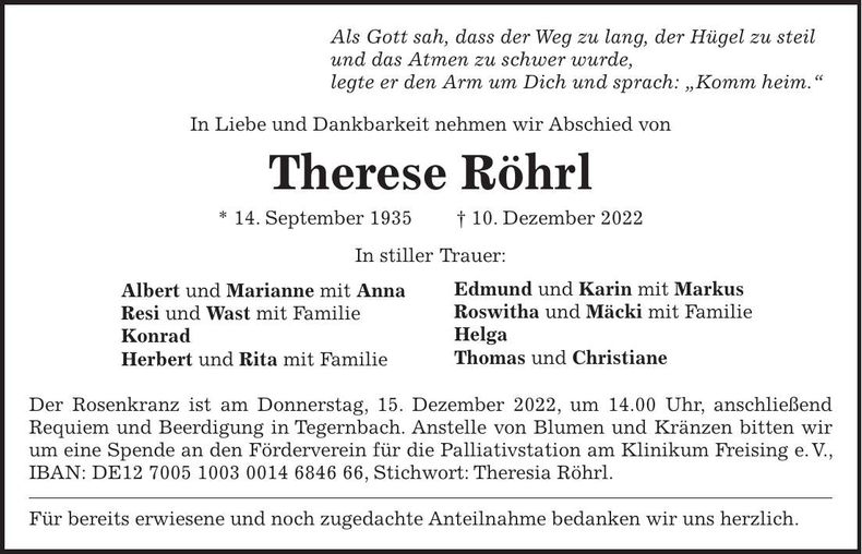 Traueranzeige Therese Röhrl