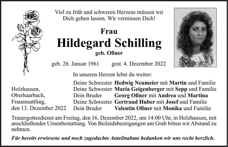 Traueranzeige Hildegard Schilling