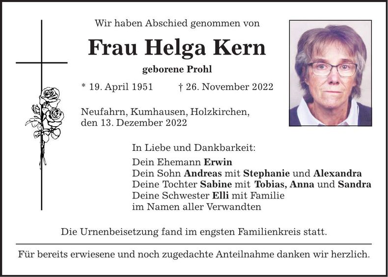 Traueranzeige Helga Kern