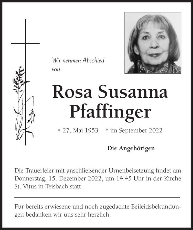 Traueranzeige Rosa Susanna Pfaffinger