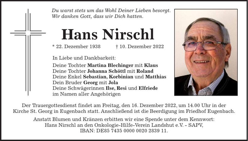 Traueranzeige Hans Nirschl
