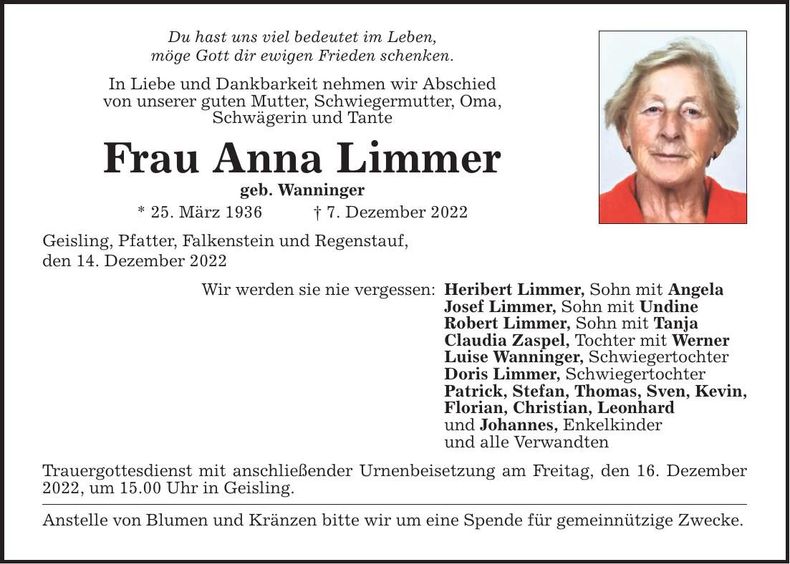 Traueranzeige Anna Limmer