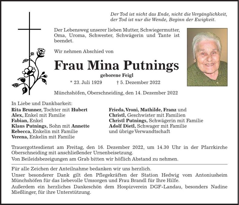 Traueranzeige Mina Putnings