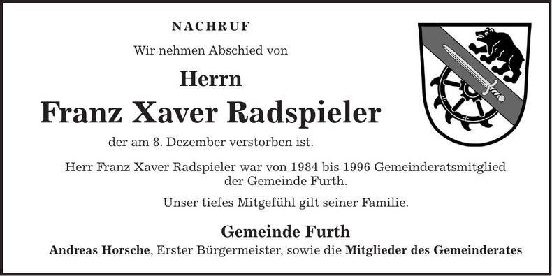 Traueranzeige Franz-Xaver Radspieler