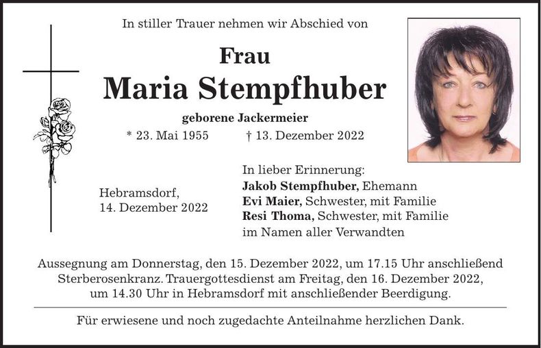 Traueranzeige Maria Stempfhuber