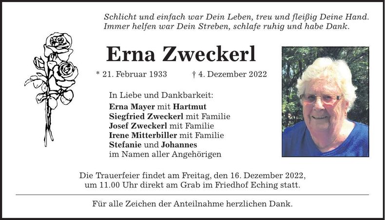Traueranzeige Erna Zweckerl