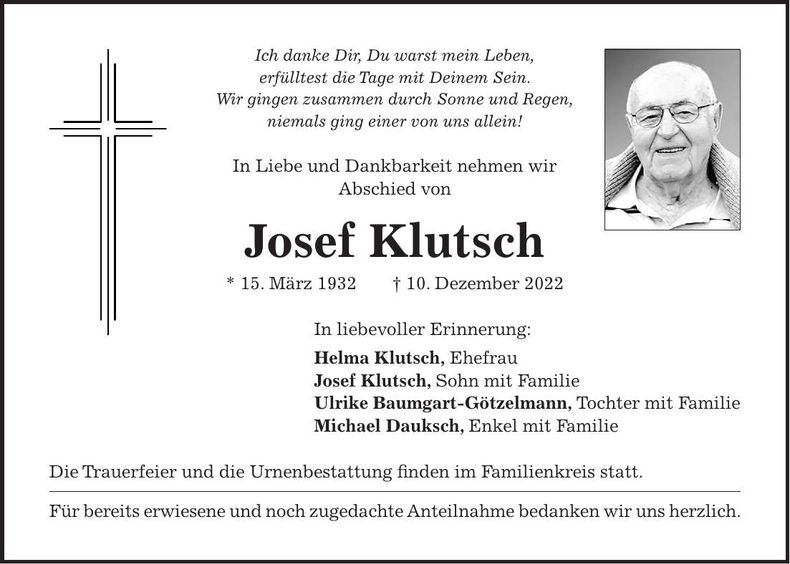Traueranzeige Josef Klutsch
