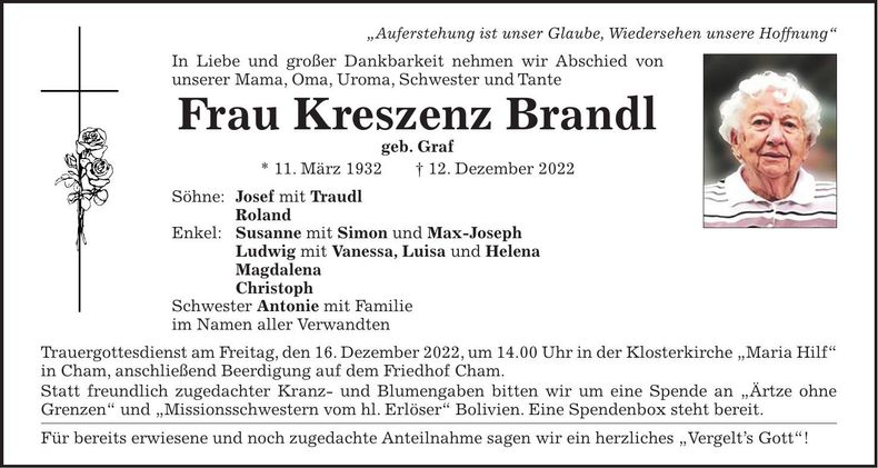 Traueranzeige Kreszent Brandl