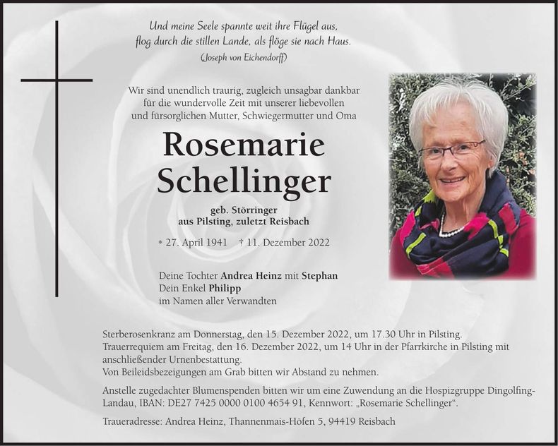 Traueranzeige Rosemarie Schellinger