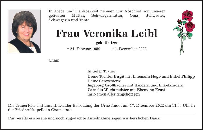 Traueranzeige Veronika Leibl