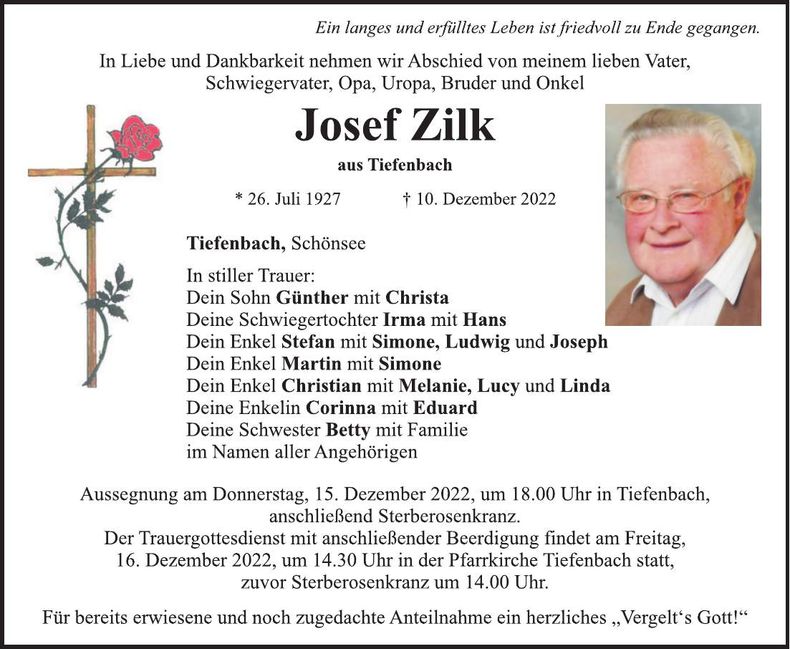 Traueranzeige Josef Zilk