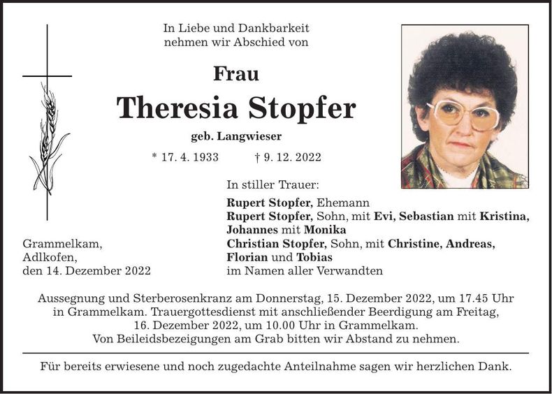 Traueranzeige Theresia Stopfer