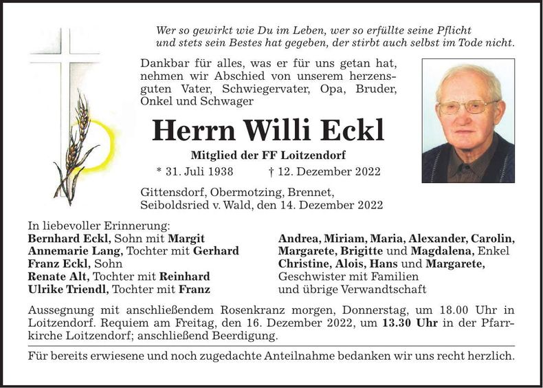 Traueranzeige Willi Eckl