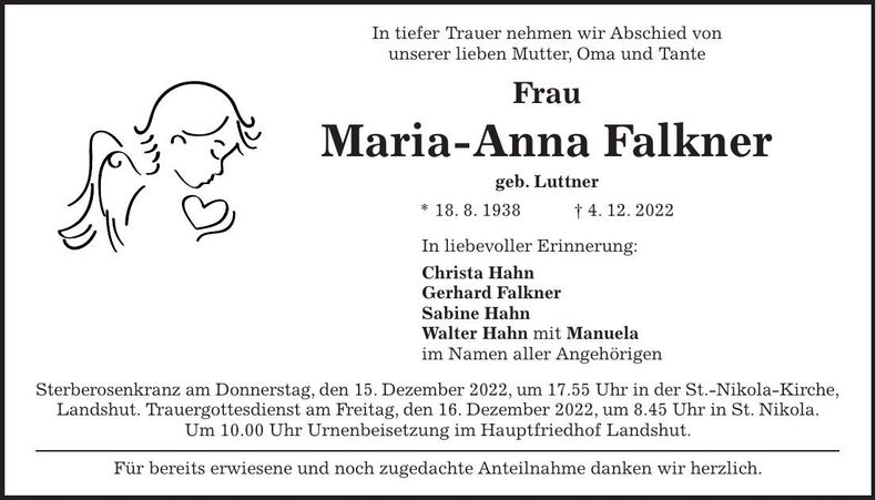 Traueranzeige Maria-Anna Falkner