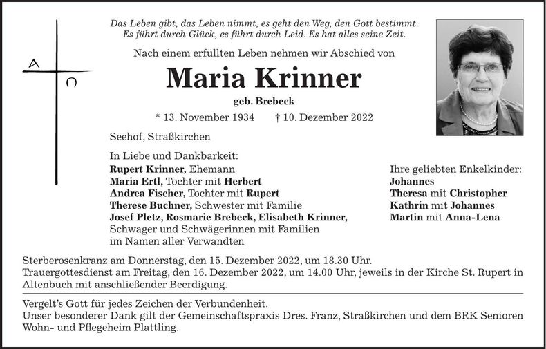 Traueranzeige Maria Krinner