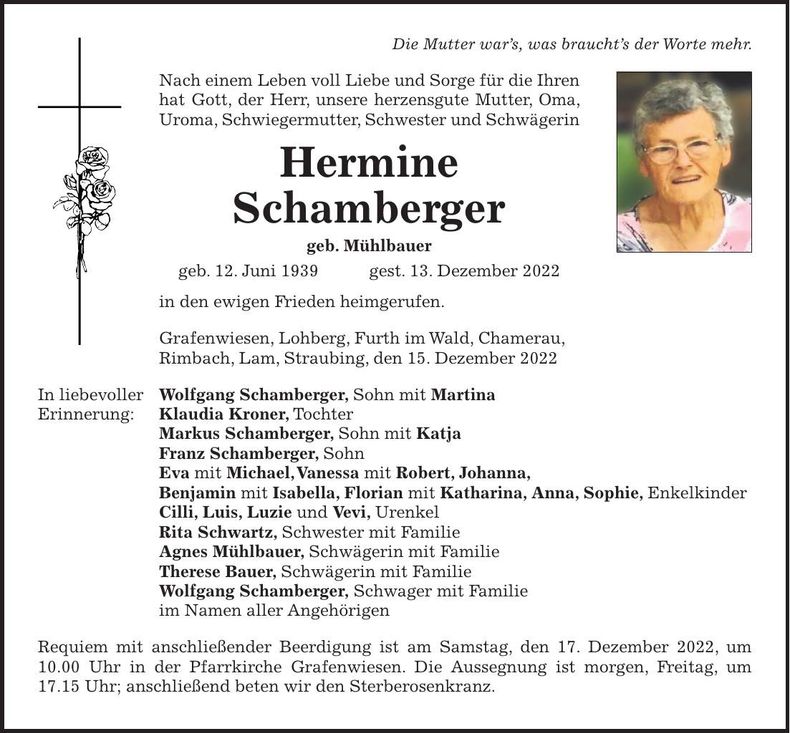 Traueranzeige Hermine Schamberger