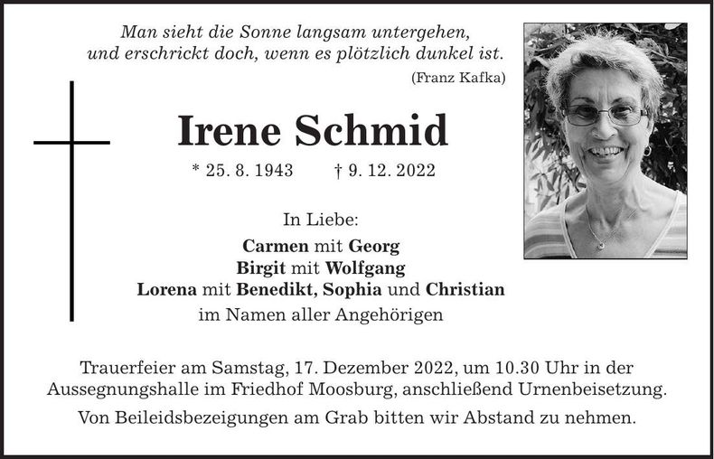 Traueranzeige Irene Schmid