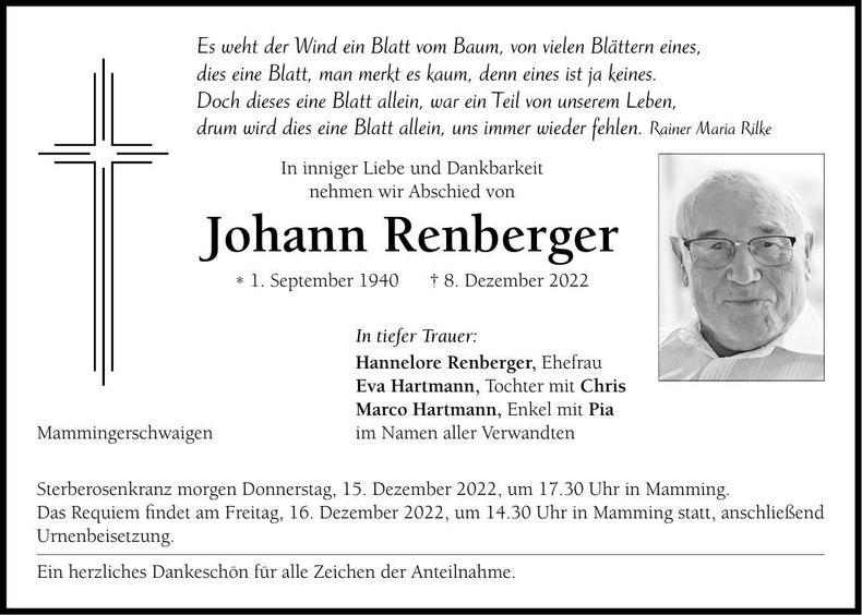 Traueranzeige Johann Renberger