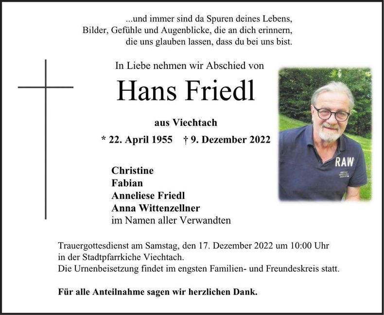 Traueranzeige Hans Friedl