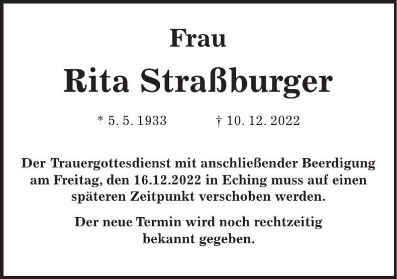 Traueranzeige Rita Straßburger