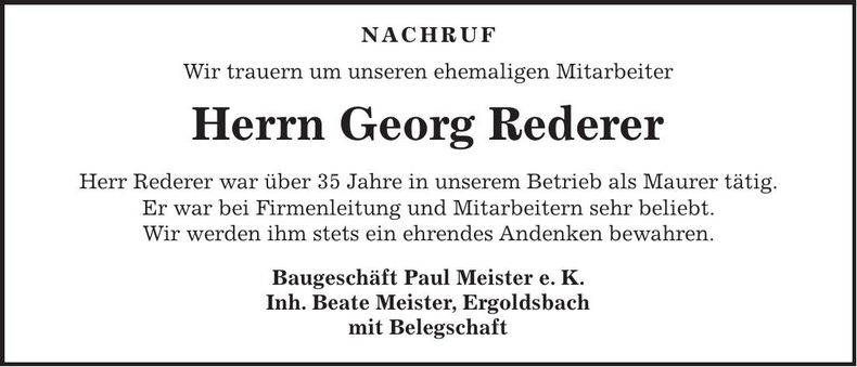 Traueranzeige Georg Rederer