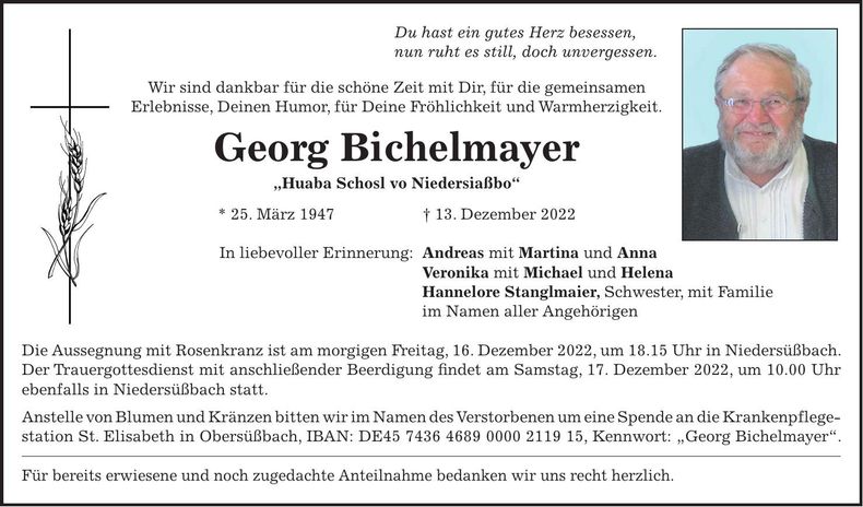 Traueranzeige Georg Bichelmayer