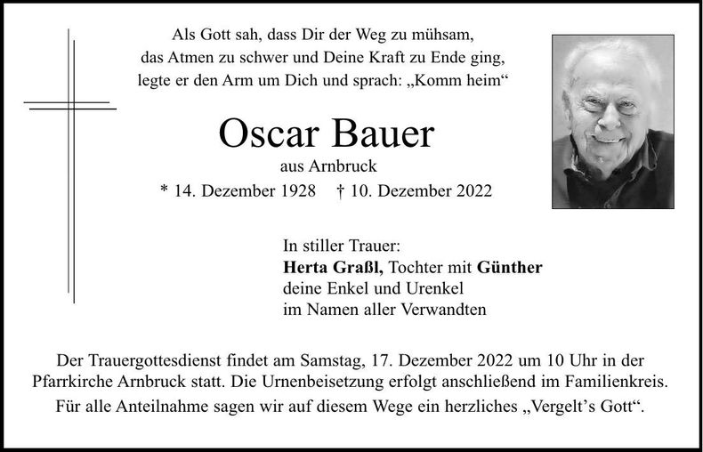 Traueranzeige Oscar Bauer
