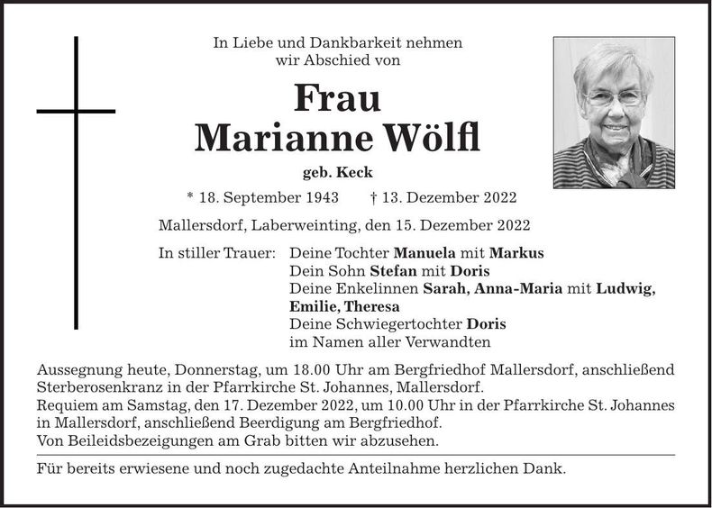 Traueranzeige Marianne Wölfl